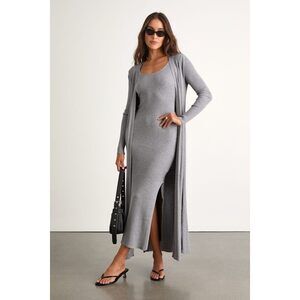 Lulus Layer Lover Heather Grey Ribbed Midi Dress & Cardigan Set - Size M